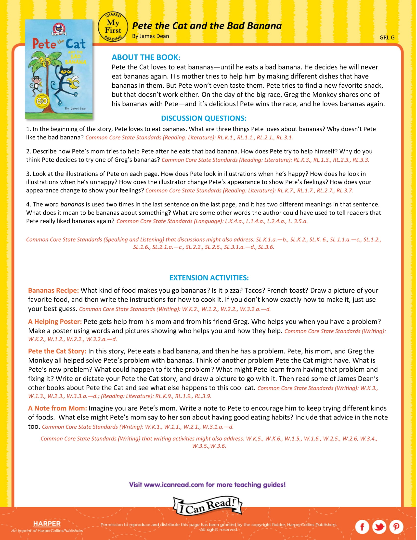 Pete the cat and the bad banana teacher s guide